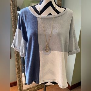 Blue/grey/white color block top with matching necklace
